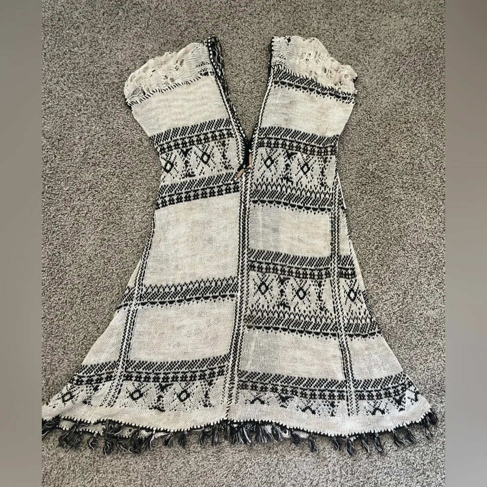 Free People Boho Lace-Up Fringe Tunic Top - Cream & Black